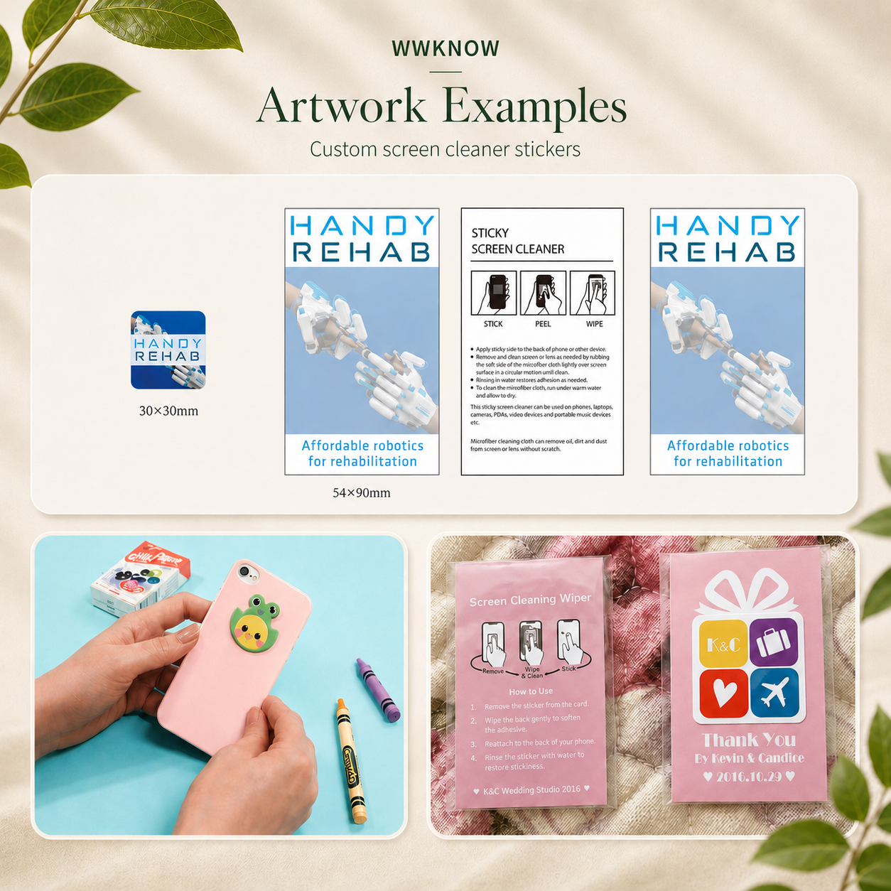 WWKNOW Custom Logo Screen Cleaner Stickers & Microfiber Phone Wipes – Bulk Orders