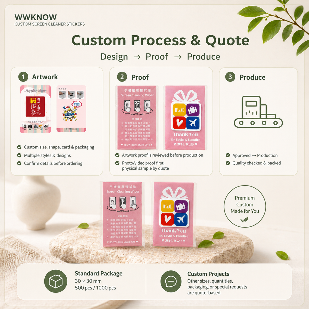 WWKNOW Custom Logo Screen Cleaner Stickers & Microfiber Phone Wipes – Bulk Orders