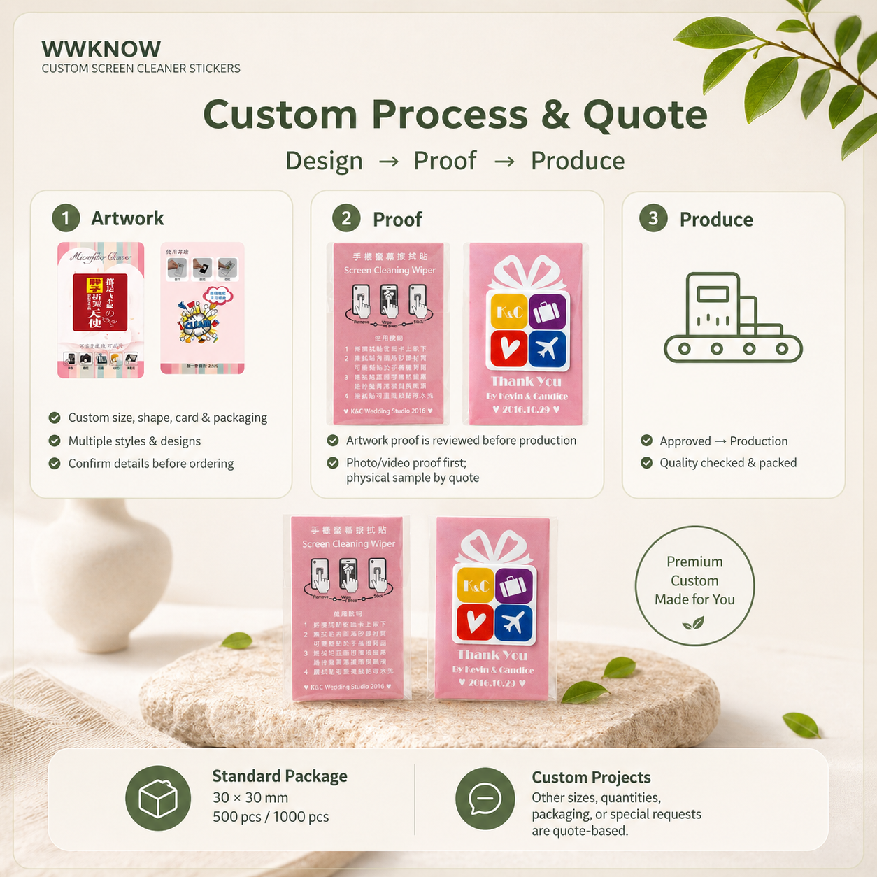 WWKNOW Custom Logo Screen Cleaner Stickers & Microfiber Phone Wipes – Bulk Orders